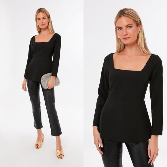 Pomander Place NEW Black Simone Peplum Long Sleeve Square Neck Blouse Size S